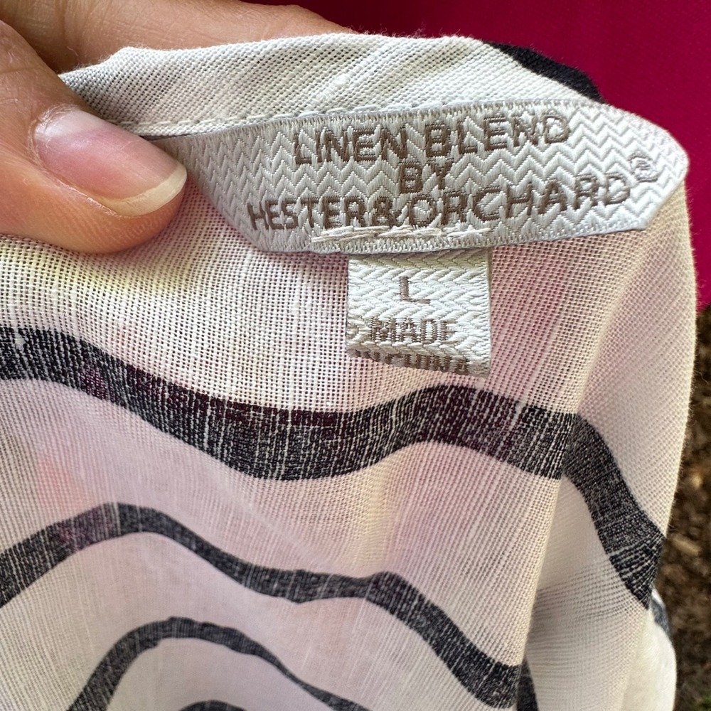 Hester & Orchard Linen Blend Tunic Top B&W Striped 3/4 Sleeve Button‎ Up Size L - Picture 9 of 12